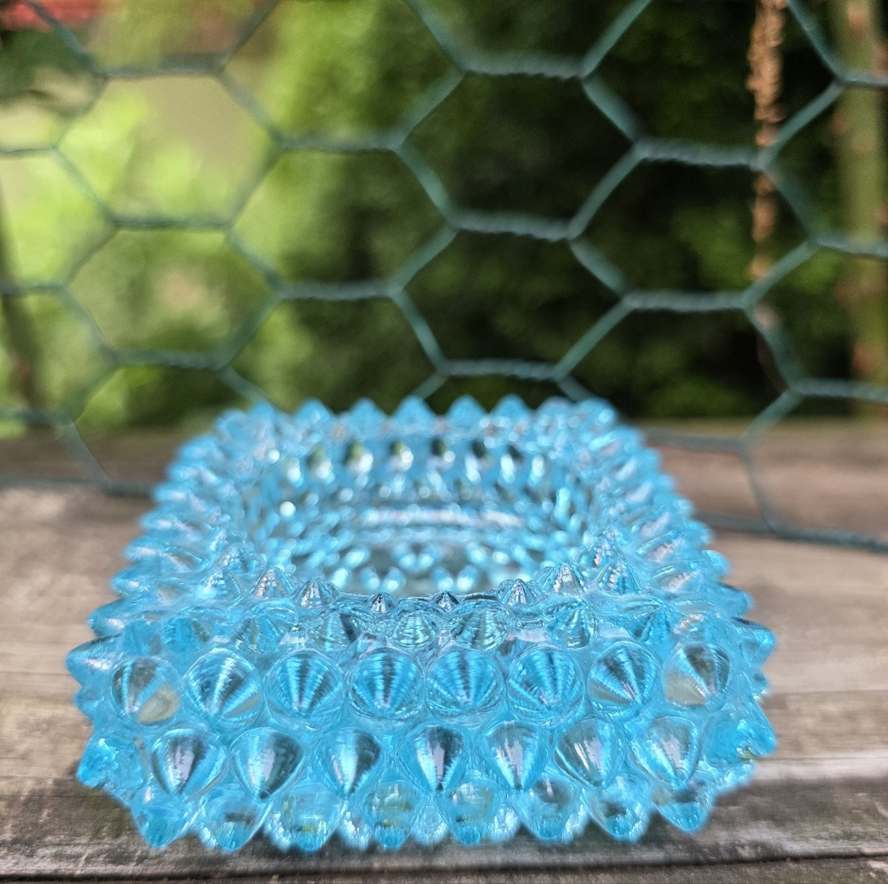 Vtg 1950s Fenton Hobnail Blue Glass Open Salt Dip Cellar 3" Square